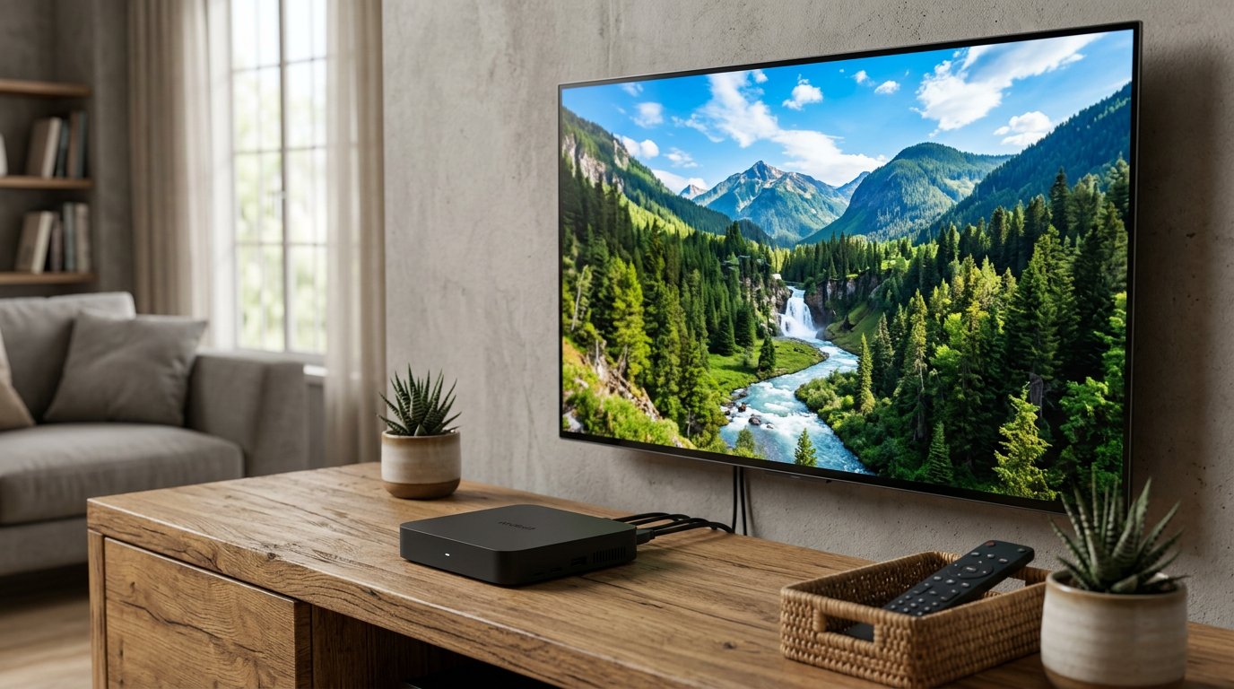 Boîtier X96 mini noir posé sur un meuble TV moderne avec écran 4K