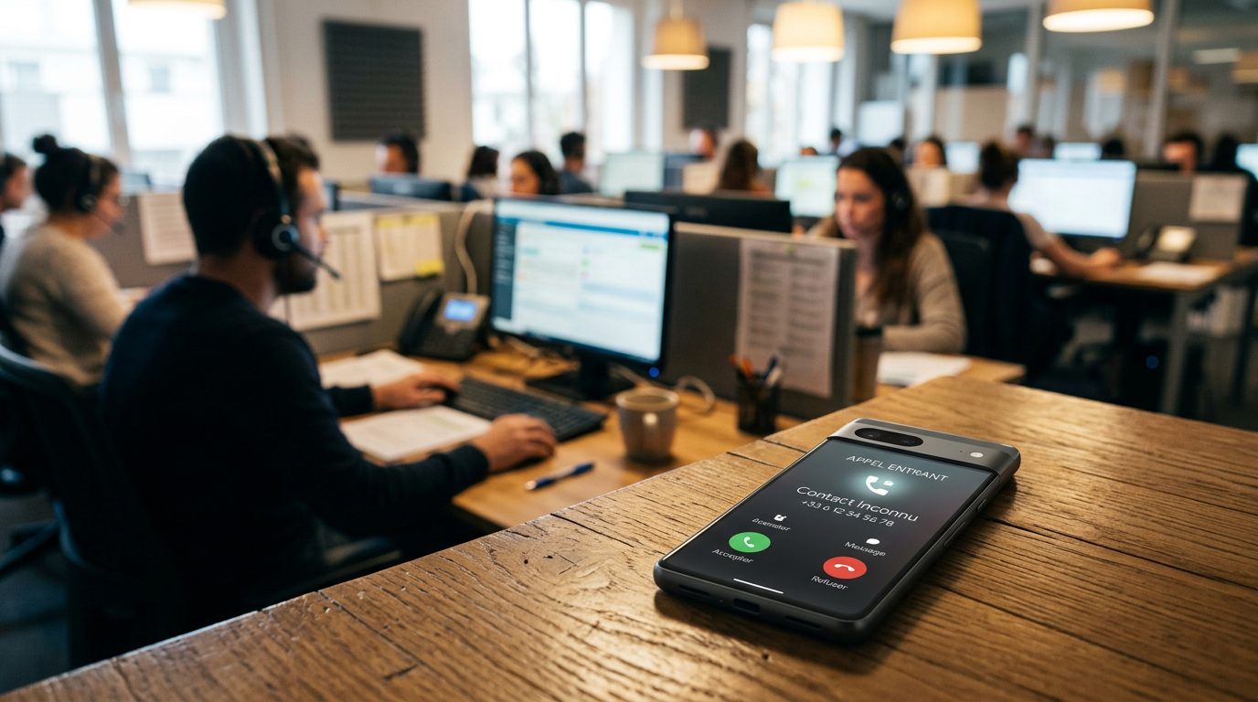 Smartphone affichant un appel avec un centre d'appels de démarchage en arrière-plan flou