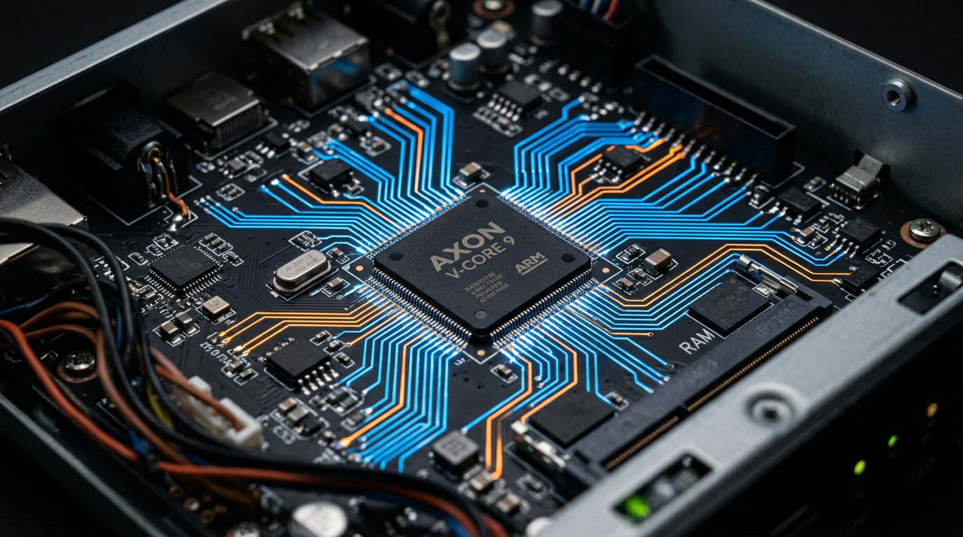 Gros plan sur le processeur Amlogic S905W2 et la carte mère du boîtier
