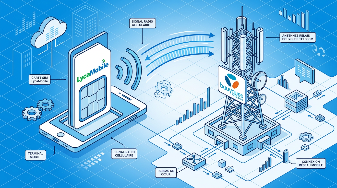 Schéma technique connexion réseau LycaMobile et antennes Bouygues Telecom