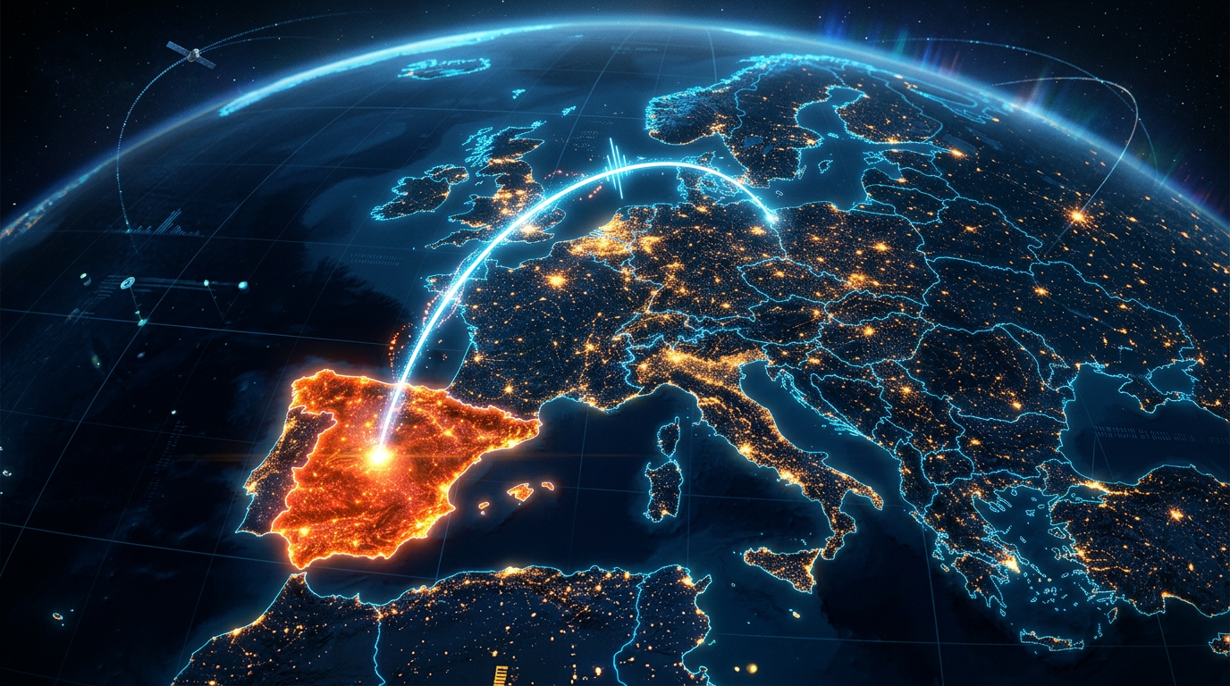 Carte numérique illustrant le routage des appels vers l'Espagne avec l'indicatif 34