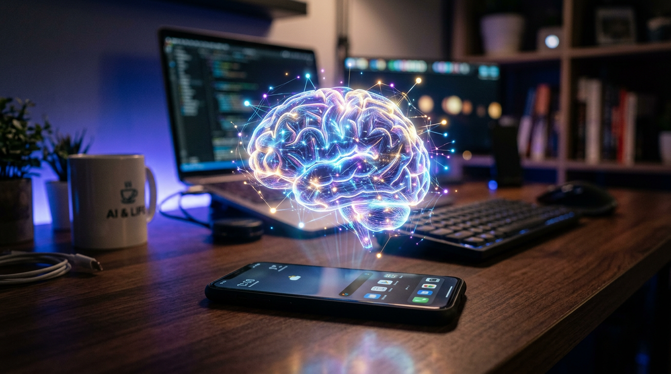 Hologramme de cerveau numérique au-dessus d'un smartphone représentant l'assistance IA