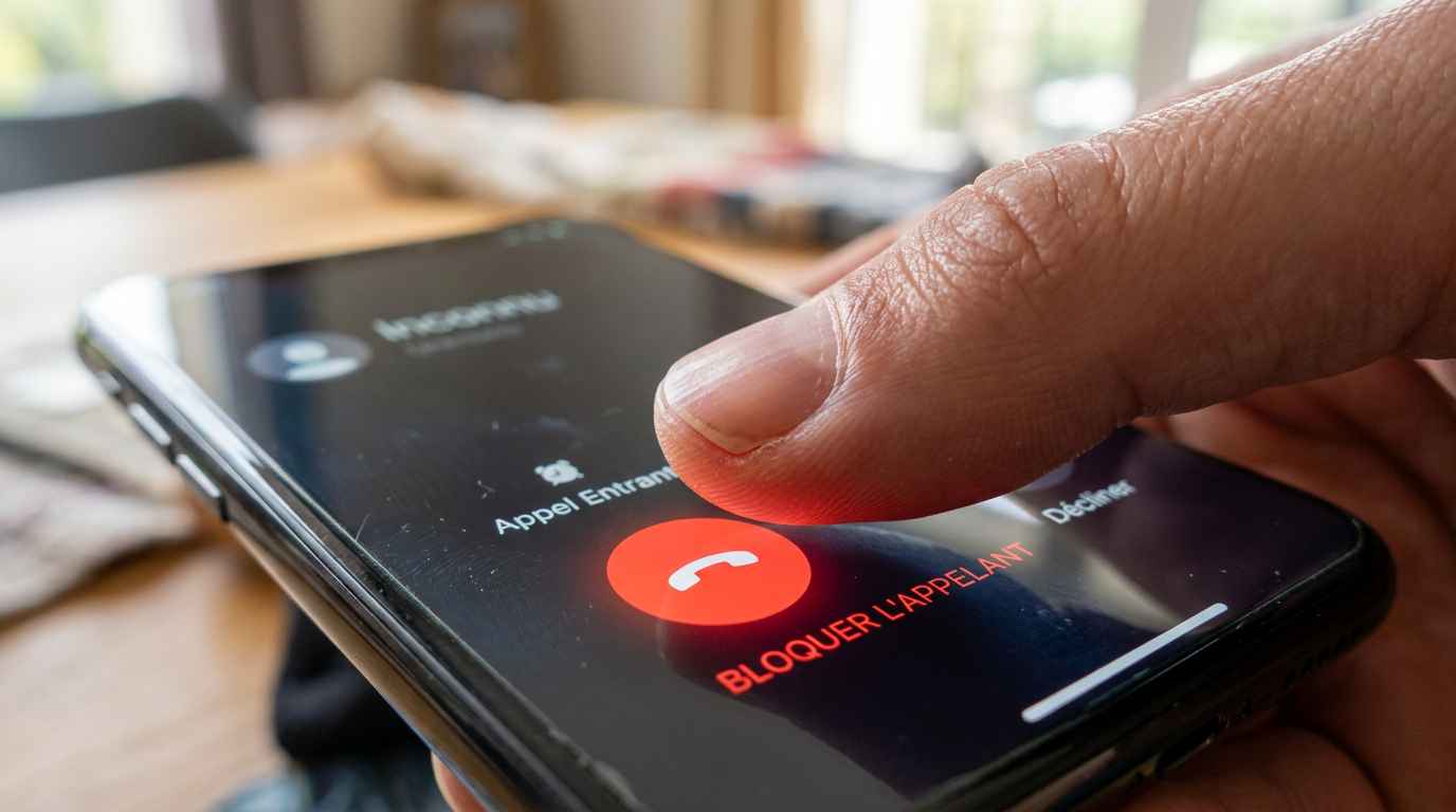 Doigt sur le point de rejeter un appel indésirable sur un écran de smartphone