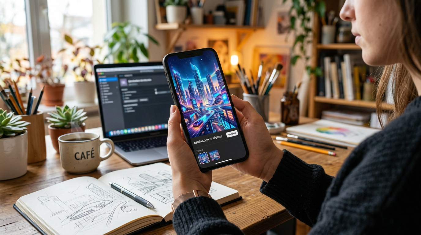 Génération d'une image de ville futuriste par intelligence artificielle sur un téléphone