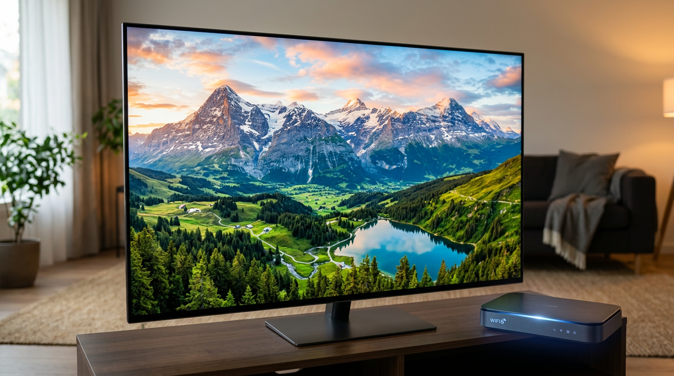 Écran de télévision 4K et routeur fibre optique pour un streaming fluide