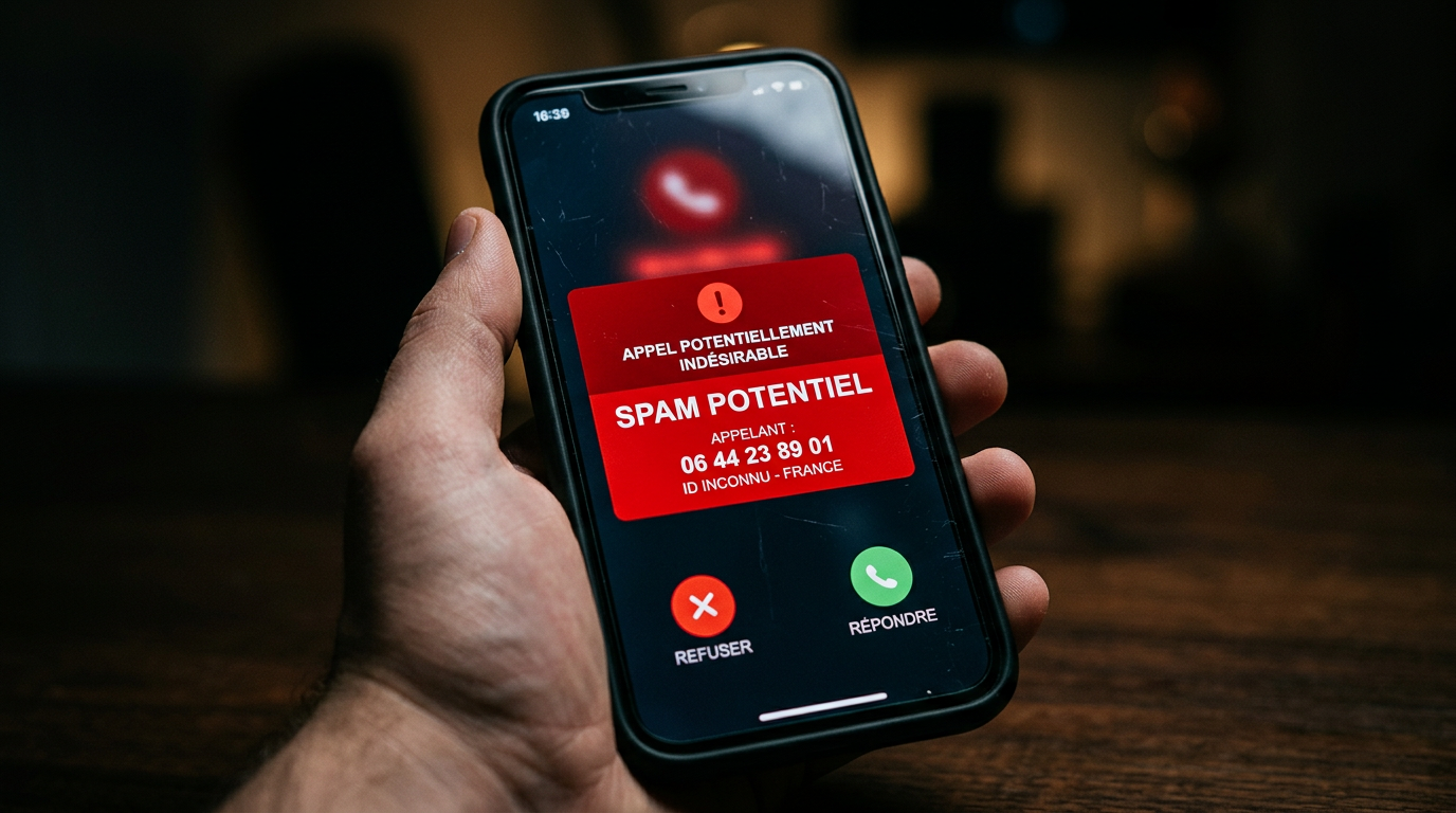 Alerte spam sur écran smartphone appel indésirable
